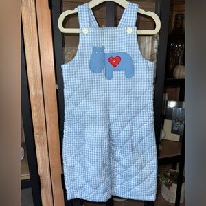 Vintage 80s Scarlett Rabbitt Quilted Overalls appliqué girl baby Gingham Hippo